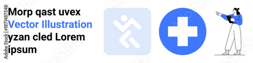 Running person icon, medical cross symbol, and individual pointing at content on a tablet. Ideal for healthcare, emergency response, medical services, digital learning, safe practices, online
