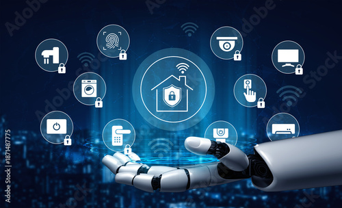 Wallpaper Mural A robotic hand showcases digital icons representing smart home technology, illustrating the concept of security and connectivity in modern living environments through innovative automation. Gantry Torontodigital.ca