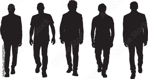 vector,  silhouette of front view of a group  of man walking