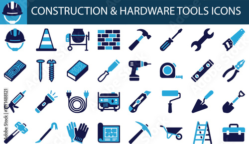 Construction and hardware tools professional icon set. Featuring hammers, drills, ladders, safety helmets, and building materials.