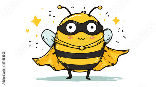 Super Cute Bee in Hero Costume with Outline Vector Illustration
