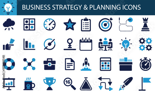 Business strategy and planning icons. Featuring target goals, SWOT analysis, team collaboration, and financial growth charts.