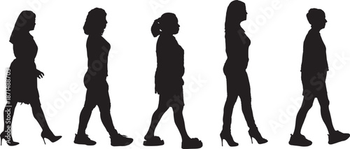 vector,silhouette of side view of a group  of women walking