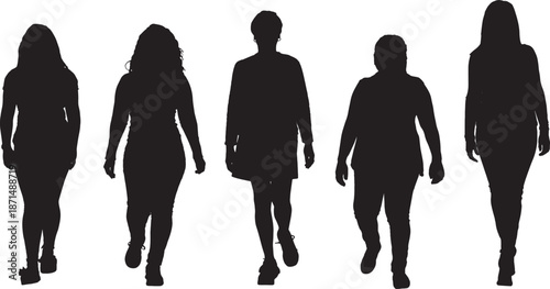 vector, silhouette of front view of a group  of women walking