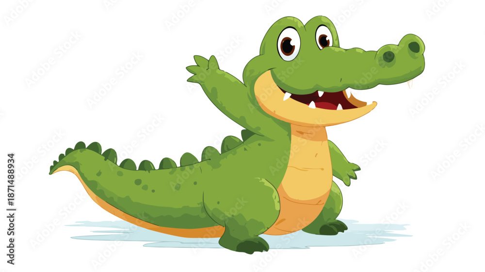 Fototapeta premium Adorable Crocodile Cartoon Waving Vector with Outline Isolated Illustration