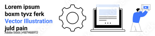 Laptop displaying webpage interface, gear representing settings, user uploading image on screen. Ideal for technology, digital tools, workflow management, web design, automation, teamwork simple