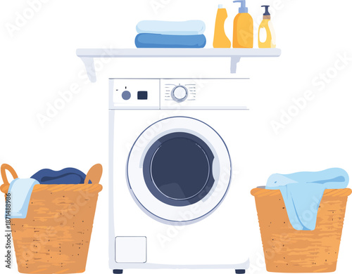 Organized Laundry Room Setup with Modern Washing Machine, Clothes Basket, and Tidy Home Utility Space