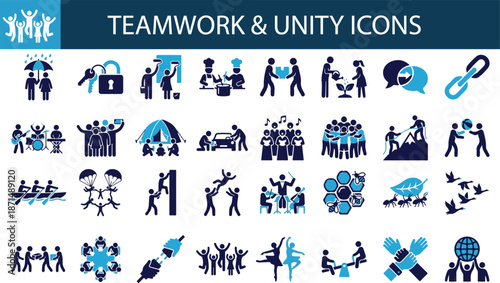 Teamwork and unity icons. Featuring collaboration, group dynamics, community building, and joint effort symbols.