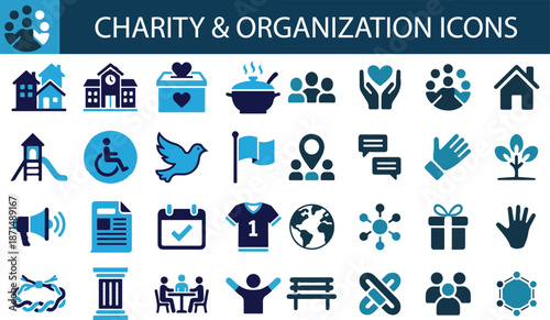 Charity and non-profit organization icon set. Featuring community support, donation, and volunteer symbols.