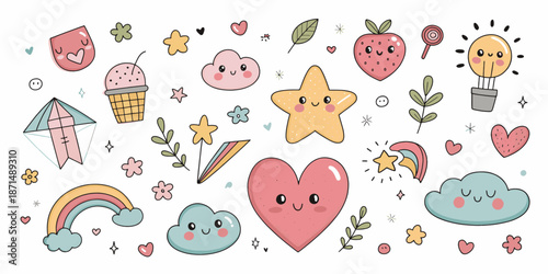 Whimsical Illustrations: Cute illustrations of various objects, including cloud, star, rainbow, and ice cream create a lighthearted and delightful atmosphere. 