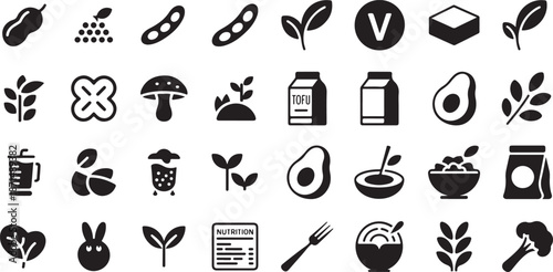 Plant based vegan food and organic healthy ingredient icons. Featuring avocados, tofu, mushrooms, leafy greens, and nutritional diet symbols.