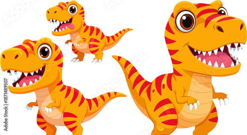 Three adorable cartoon baby tyrannosaurus rex dinosaurs with vibrant orange and red stripes isolated on white background
