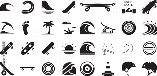 Surfing skateboard and extreme action sports outdoor hobby icons. Featuring ocean waves, skate ramps, palm trees, and professional equipment gear.