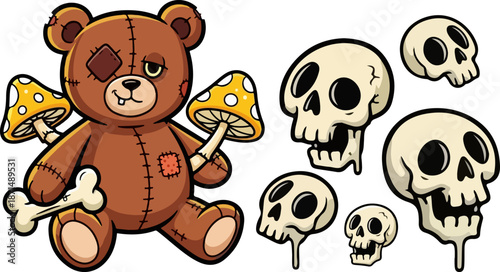 Spooky stitched teddy bear holding psychedelic mushrooms and a bone surrounded by eerie skulls on white background