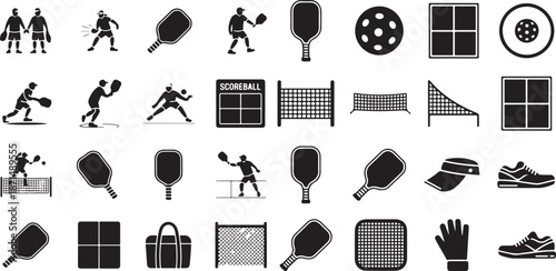 Pickleball sports equipment and player silhouette action icon set. Featuring paddles, balls, nets, court layouts, and athletic gear.