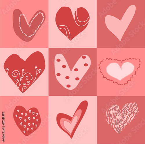 A pattern with pink squares in various shades, with hearts of varying patterns inside. Suitable for printing on T-shirts, wallpaper, fabric, tiles, packaging, and wrapping paper