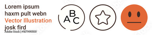 Education, user interface, rating systems, communication, emotion symbols, branding. ABC letters, star outline and neutral face emotion displayed. Education and user interface elements concept