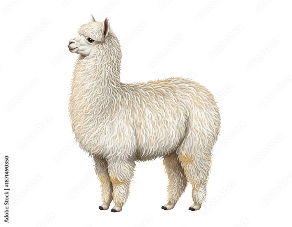 Obraz premium One Alpaca with Fluffy Fur in Isolated Minimal Wildlife Composition Highlighting Soft Texture, Gentle Expression, and Calm Nature