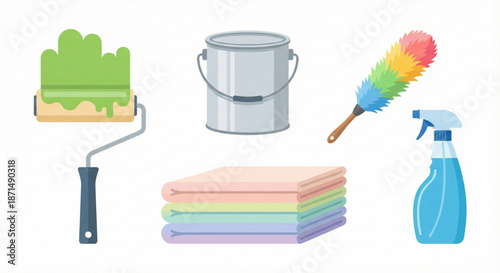 Cleaning and painting supplies for household maintenance and decor