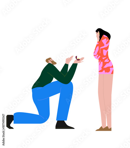 Enamored man making offer holding ring to surprised woman vector flat illustration. Elegant cartoon male standing on knee asking female marry him isolated on white background. Couple engagement.