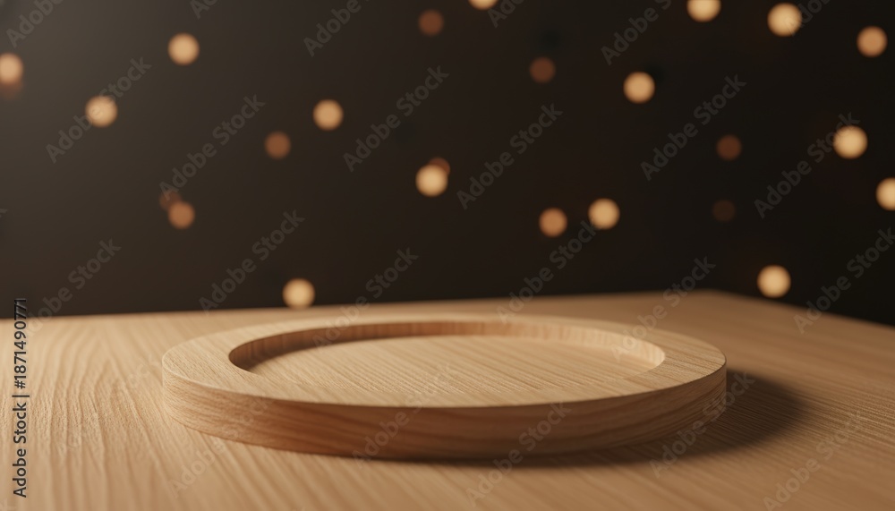 Obraz premium Wooden plate on smooth table with blurred lights in background 