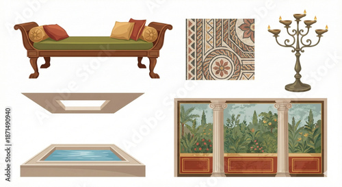 Collection of ancient Roman and classical style interior design elements and architectural details