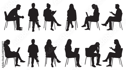 Silhouettes of people sitting in chairs with laptops and notebooks