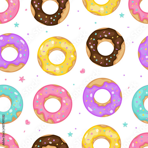 Colorful donuts arranged in a repetitive pattern on a white background with stars and hearts