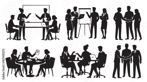 Business People Meeting Discussing Silhouettes in Office Settings