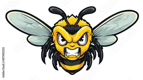 Angry Bee Cartoon Vector with Outline Isolated on White Background