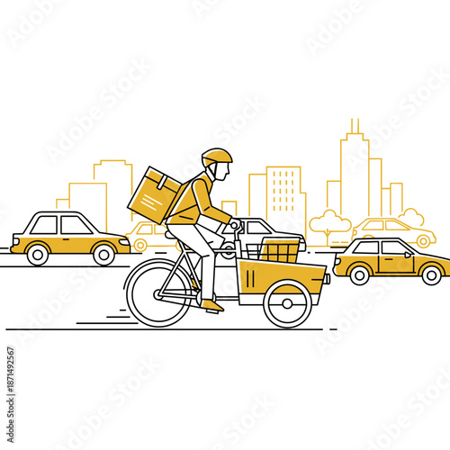 Delivery man riding bicycle through city traffic with package  