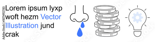 Healthcare, innovation, finances, invention, problems, productivity. Illustrations of a dripping nose, coin stacks and a lightbulb. Healthcare and innovation concept combined with financial