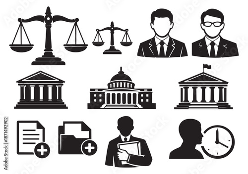 Clip art legal and government set featuring scales of justice, public buildings, professionals, and documents for justice and administration concepts