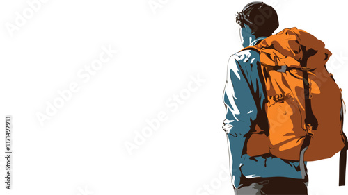 Young Boy Backpacker Traveler with Backpack Vector Outline Illustration