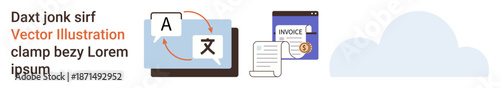 Language services, invoice processing, cloud solutions, translation tools, business management, data storage. A translation app, invoice document and cloud icon. Language services and invoice
