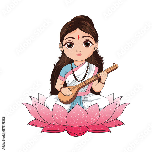 Cute Goddess Saraswati Cartoon Illustration for Basant Panchami and Saraswati Puja, Indian Hindu Festival Vector