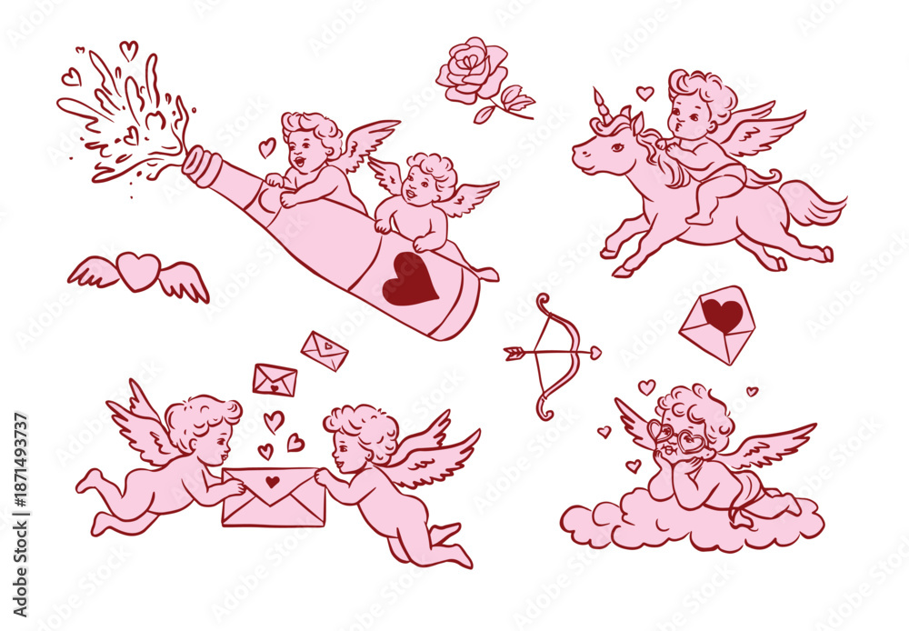 Fototapeta premium Hand drawn Valentine’s Day illustration set with cute angels, cherubs and cupids flying, sending love letters and spreading hearts. Whimsical romantic outline style for cards, stickers and designs. 