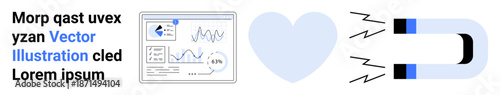 Marketing, data analysis, customer engagement, business strategy, attraction, technology. Magnet pulling lines, heart and chart display. Marketing and data analysis visual