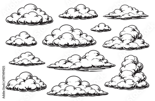 Hand drawn line art clouds set featuring various fluffy and stormy shapes for weather forecasts and sky designs