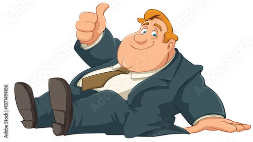 Smiling Cartoon Fat Big Boss Thumbs Up Vector Illustration Isolated with Outline