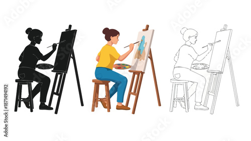 Female artist seated painting on a standing easel featuring color outline and silhouette variations