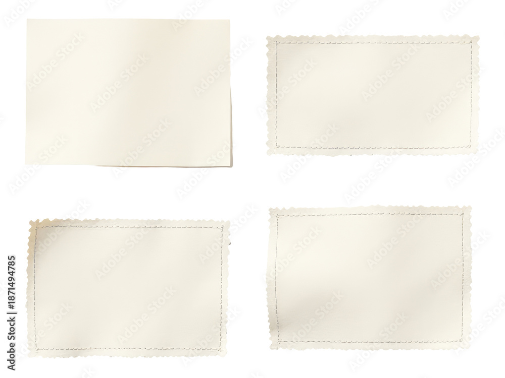Fototapeta premium Four pieces of white paper with decorative scalloped edges, suitable for creative projects and office use