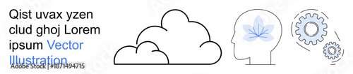 Technology, cloud computing, mindfulness, innovation, mental health, cognitive development. Visual of a cloud, a human head with a leaf and interlocking gears. Focus on technology and mindfulness
