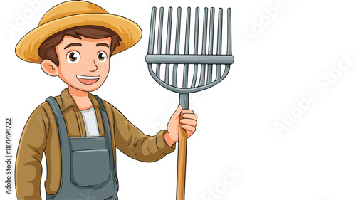 Young Farmer Holding Rake - Vector Cartoon Illustration