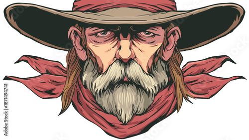 Cartoon Cowboy Head Vector with Outline on White Background