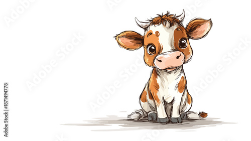 Adorable Baby Cow Cartoon Vector with Outline on White Background