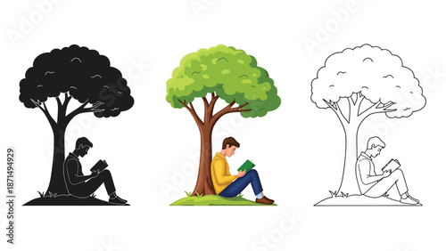 Man relaxing while reading a book under a tree shown in color silhouette and outline styles