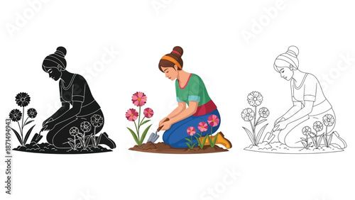 Woman kneeling down planting flowers carefully in the garden soil with three styles included