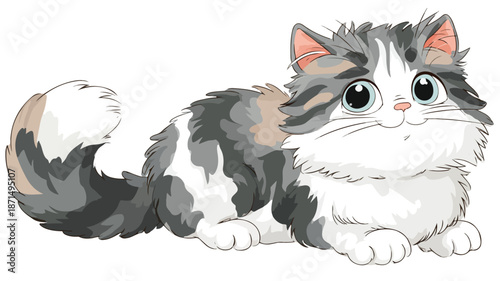 Adorable Cute Cat Cartoon Vector with Outline Isolated on White Background