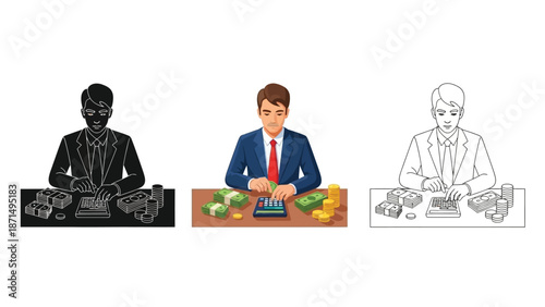 Businessman calculating profits and counting stacks of money with calculator in three styles